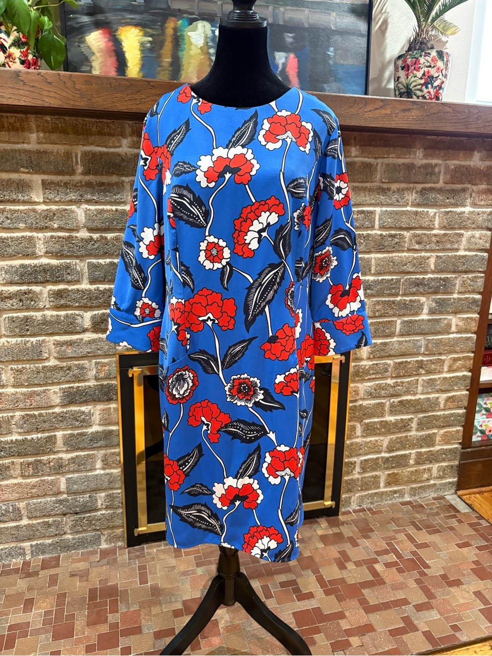 Boden Blue Shift Dress with Red & White Floral Print